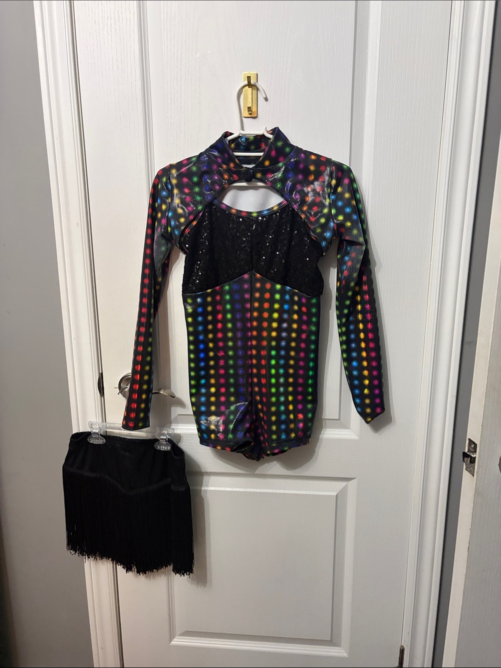 Kids Rainbow Dot Black Dance Costume with Fringe Skirt